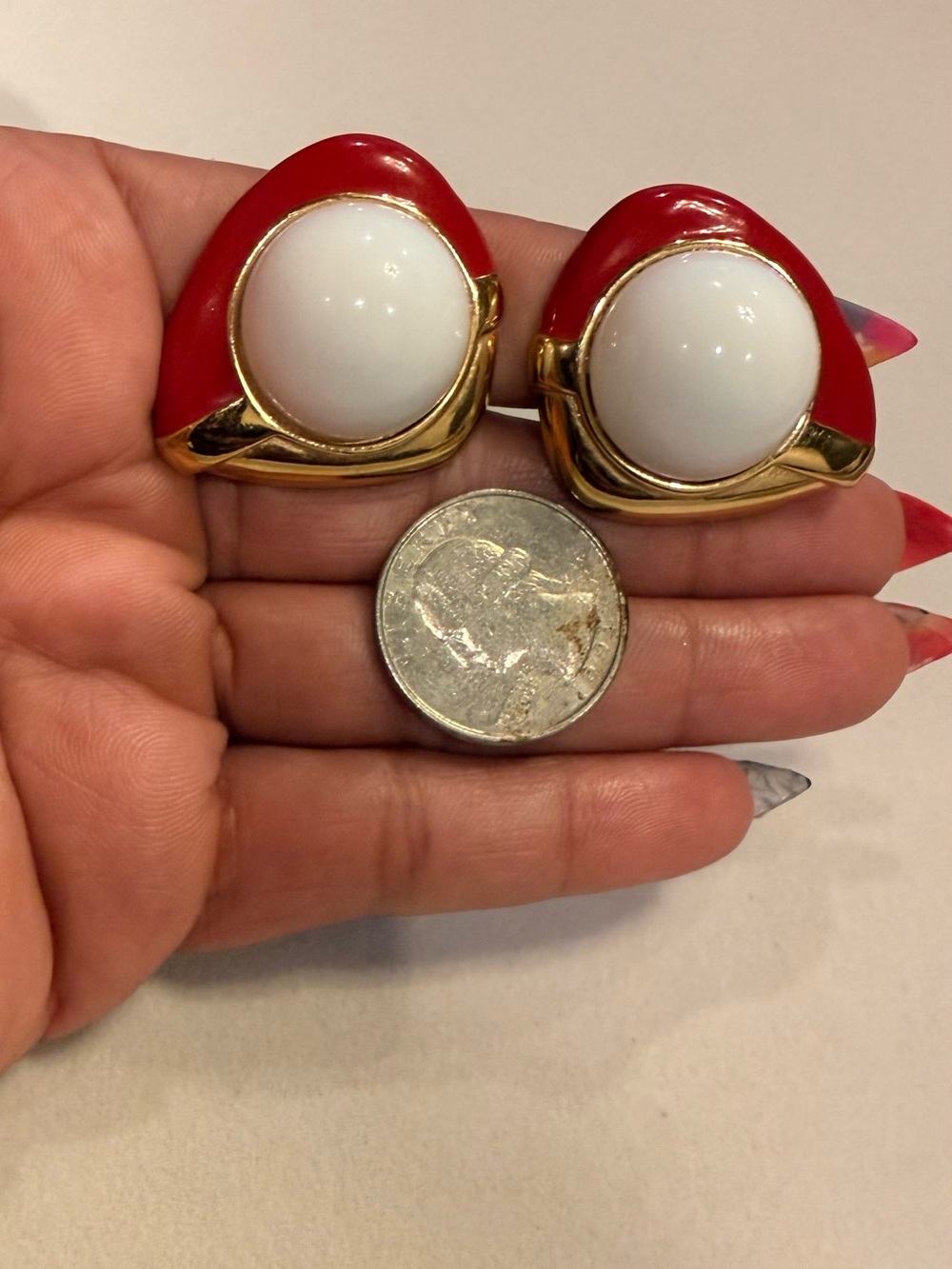 (Rare) 80s Monet Red and White Enamel Gold-Tone Earrings - Picture 2 of 3